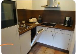 a small kitchen with white cabinets and a sink at Ferienhäuschen in Hildfeld in Winterberg