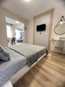 Un dormitorio con una cama y una sala de estar. en Varna central apartment with parking for normal to middle sized cars, en Varna