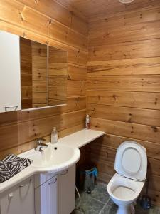 ein Badezimmer mit Holzwänden, einem WC und einem Waschbecken in der Unterkunft Taljatie Apartments in Rovaniemi + 36 Fotos