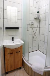 een badkamer met een wastafel en een douche bij Promenada in Węgierska Górka