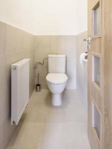 Un baño con un inodoro blanco en una habitación. en Apartmán Mezi vinicemi, en Znojmo