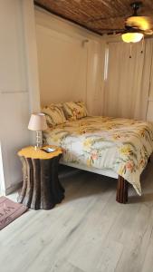 ein Schlafzimmer mit einem Bett und einem Tisch mit einer Lampe in der Unterkunft Bella Noni B&B in Aguadilla