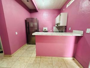 a pink kitchen with a counter and a refrigerator at Vila WS in Manaus
