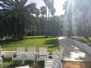 a row of white chairs in a park with palm trees at Hammamet Serail in Hammamet