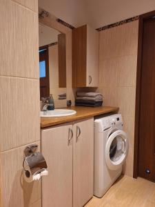 uma casa de banho com uma máquina de lavar roupa e um lavatório em Turkusowa Apartament em Szczecin