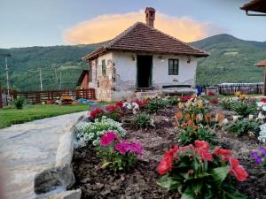 un giardino di fronte a una piccola casa con fiori di Apartmani Ružina staza a Rudnik