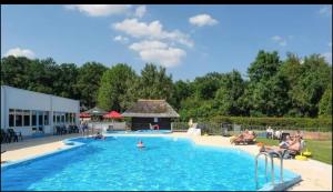 a large swimming pool with people sitting around it at Hip Huisje van Hout in Gramsbergen