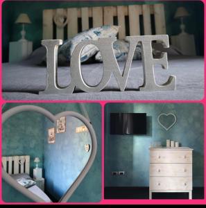 a collage of a bedroom with a bed and a heart at La casetta del Tuscolo -Secret rooms- in Grottaferrata