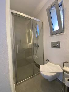 馬爾馬里斯的住宿－Z-Villas Beach Hotel，一间带玻璃淋浴和卫生间的浴室