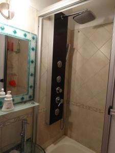 baño con ducha con altavoz negro en Apartamento Baykus en Córdoba