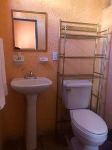 a bathroom with a toilet and a sink and a mirror at Hotel San Pancho in Real de Catorce