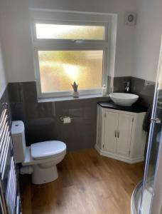 a bathroom with a toilet and a sink and a window at Lanstone House in Chipping Norton +11 photos