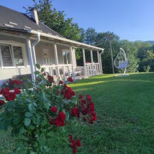 una casa con un giardino di rose rosse e un'altalena di Vila Obradovic ad Arilje