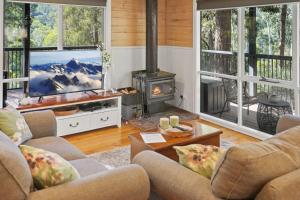 a living room with a fireplace and a television at Kookas Cottage in Merrijig