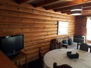 a room with wooden walls and a tv and a table at cabaña junto al arroyo 2 in San Martín de los Andes