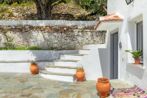 a staircase in a white building with potted plants at The Mountain Majesty in Skopelos Town