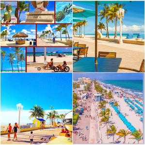 a collage of photos of a beach with people on the beach at Villa Sinclair Beach Suites and Spa in Hollywood