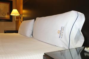 Cama en habitación de hotel con almohada en Hotel Plaza las Quintas, en Hermosillo