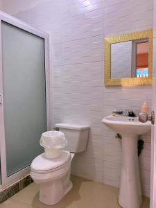 a white bathroom with a toilet and a sink at Hotel el Paredon in El Paredón Buena Vista