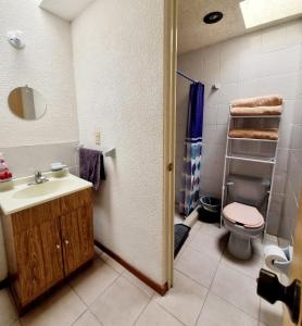 y baño con lavabo, aseo y ducha. en Casa Pachuca hidalgo, en Colonia de Venado