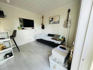 a small living room with a bed and a tv at Lyxigt Boende Tofta Strand in Tofta