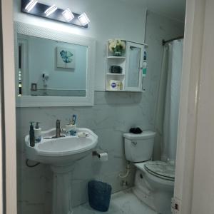 a bathroom with a sink and a toilet and a mirror at Jubilee Gardens Freeport in Freeport