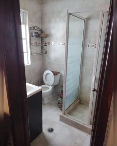 ein Badezimmer mit Toilette und Glasdusche in der Unterkunft Amplio y cómodo departamento in Mexiko-Stadt + 6 Fotos