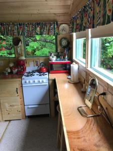 a kitchen with a white stove top oven in a kitchen at Homestead cabin in Homer