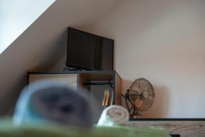 a living room with a television and a fan at L'Escale in Pendé