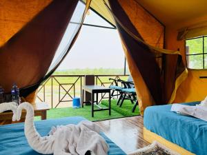Pokój z namiotem z łabędziem na łóżku w obiekcie Jungle Wildlife Camp w mieście Sauraha