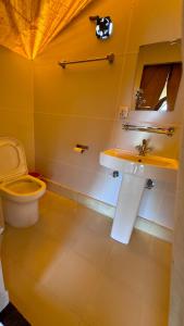 La salle de bains jaune est pourvue de toilettes et d'un lavabo. dans l'établissement Jungle Wildlife Camp, à Sauraha