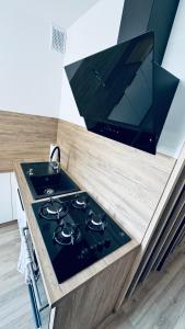 a kitchen with a stove with a tv above it at Apartament Daszyńskiego in Sanok +2 photos