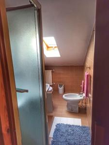 a bathroom with a toilet and a glass shower door at La piccola Baita in Folignano +7 photos