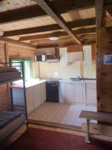 a kitchen in a log cabin with a stove at Dom letniskowy ORCHIDEA in Chrzanowo