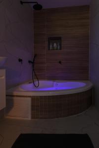uma casa de banho com banheira e iluminação roxa em אחוזת דולב-הצימר em Bet Shemesh