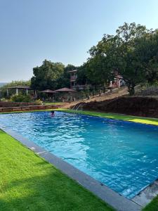 een zwembad met blauw water en groen gras bij Spring Nature Stay in Kashid