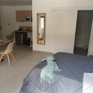 a large bed in a room with a kitchen at Cosy Diem Cap d'Agde in Cap d'Agde