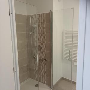 a shower with a glass door in a bathroom at Cosy Diem Cap d'Agde in Cap d'Agde +15 photos