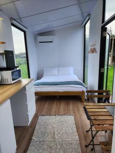 sypialnia z łóżkiem i biurkiem oraz niektóre okna w obiekcie Taratahi Escape w mieście Clareville