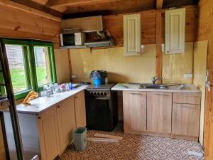 a kitchen with wooden cabinets and a sink and a stove at Dom letniskowy ORCHIDEA in Chrzanowo
