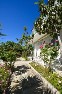 a walkway next to a building with flowers and trees at Anchor Villa in Skiathos Town