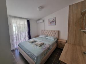 a bedroom with a bed with blue sheets and a window at Apartmani MINA in Bar