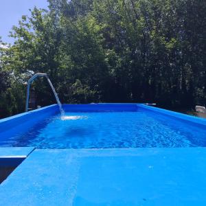 uma piscina azul com uma fonte de água em Mirella rooms em Palić