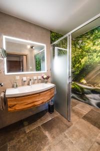 a bathroom with a sink and a mirror and a shower at Chalet Waldzeit in Zachenberg