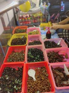 a table topped with baskets of different types of insects at 辉煌夜市 4房泳池花园别墅 订4日提供免费接机 in Ban Na Song