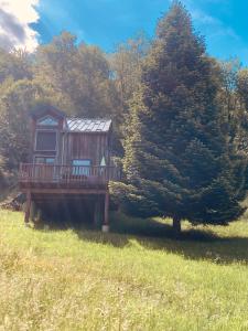 a tree house in the middle of a field at Chalets les tutes de la Vernière in Auzat