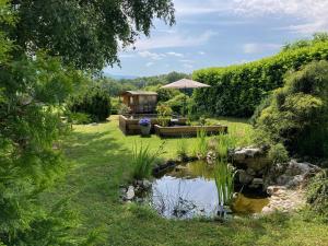 a garden with a pond and an umbrella at Le 505 in Saint-Jean-dÊ¼Avelanne