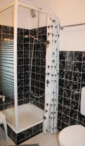 a bathroom with a shower with a shower curtain at Landhaus Lippmann Whg6 in Grönwohldshorst