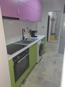 una cocina con fregadero y lavadora en Safta Apartament 3, en Cîmpulung 22 fotos más