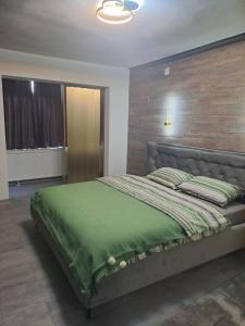 1 dormitorio con 1 cama grande y edredón verde en Safta Apartament 3, en Cîmpulung
